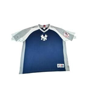 Vintage Majestic New York Yankees V-Neck Pullover Navy Shirt Old NY Logo 2XL